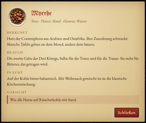 Karteikarte der Myrrhe mit Herkunft, Brauch, In echt und Vorsicht