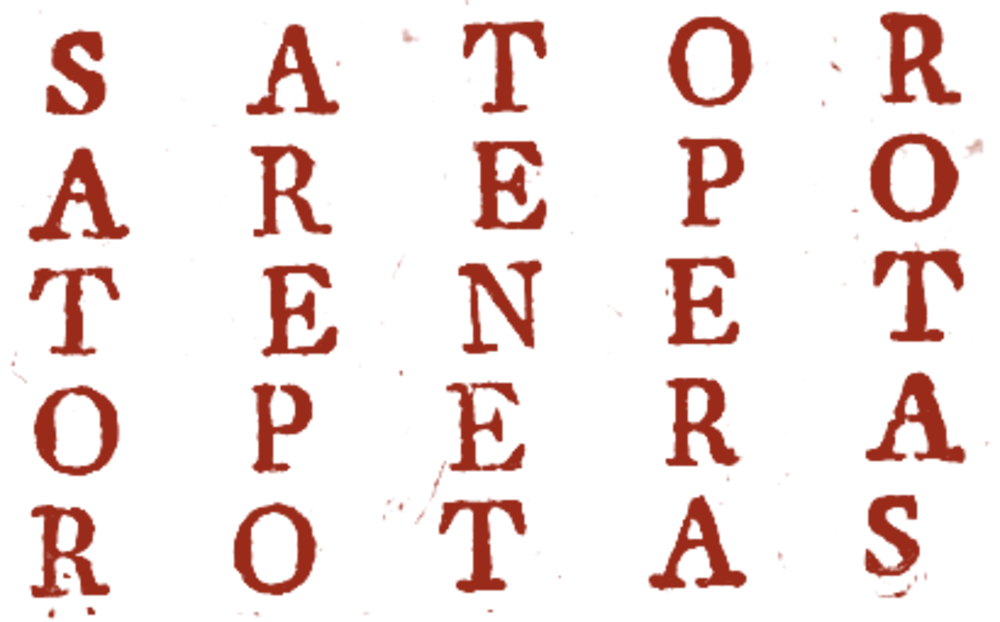 Das Quadrat aus fünf Wörtern SATOR AREPO TENET OPERA ROTAS, in roter Tinte