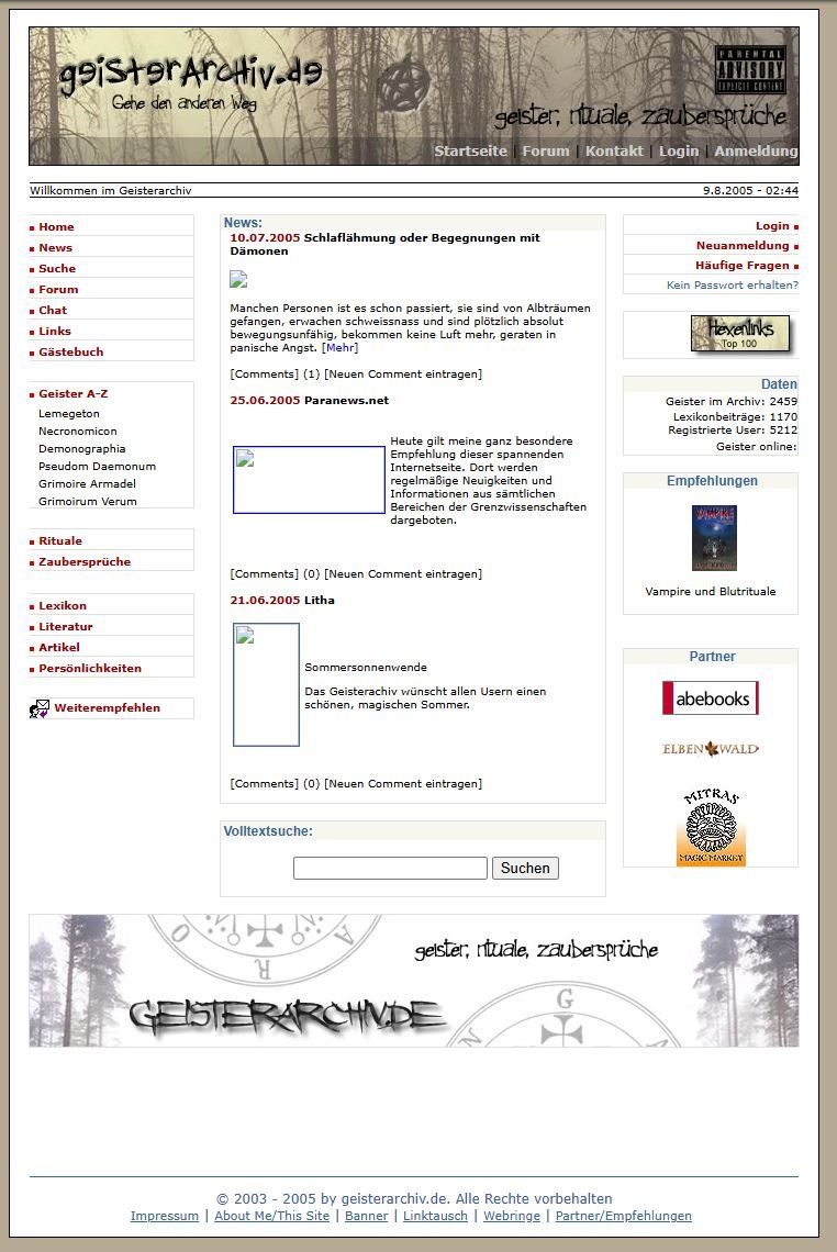 Startseite des Geisterarchivs im August 2005 mit dem Leitspruch Gehe den anderen Weg, News über Schlaflähmung und Litha, Zähler mit 5.212 registrierten Benutzern
