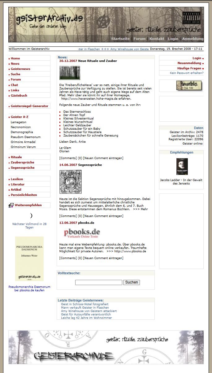 Startseite des Geisterarchivs im Juni 2008 mit neuen Ritualen, Segenssprüchen, Geistersiegel-Generator und 22.096 registrierten Benutzern