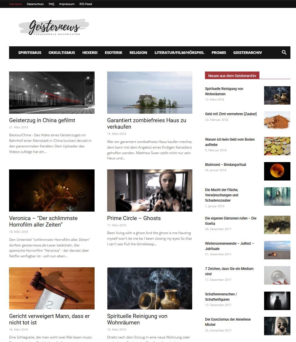 Die Geisternews im März 2018: Paranormale Nachrichten mit Rubriken Spiritismus, Okkultismus, Hexerei, Esoterik und einer Spalte Neues aus dem Geisterarchiv